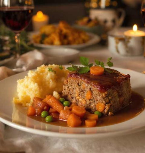 Gehaktbrood met wortel en erwtjes