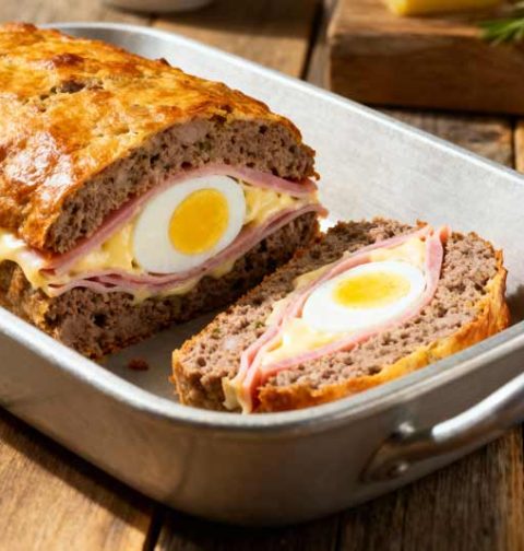 Gehaktbrood gevuld met ham, kaas en ei